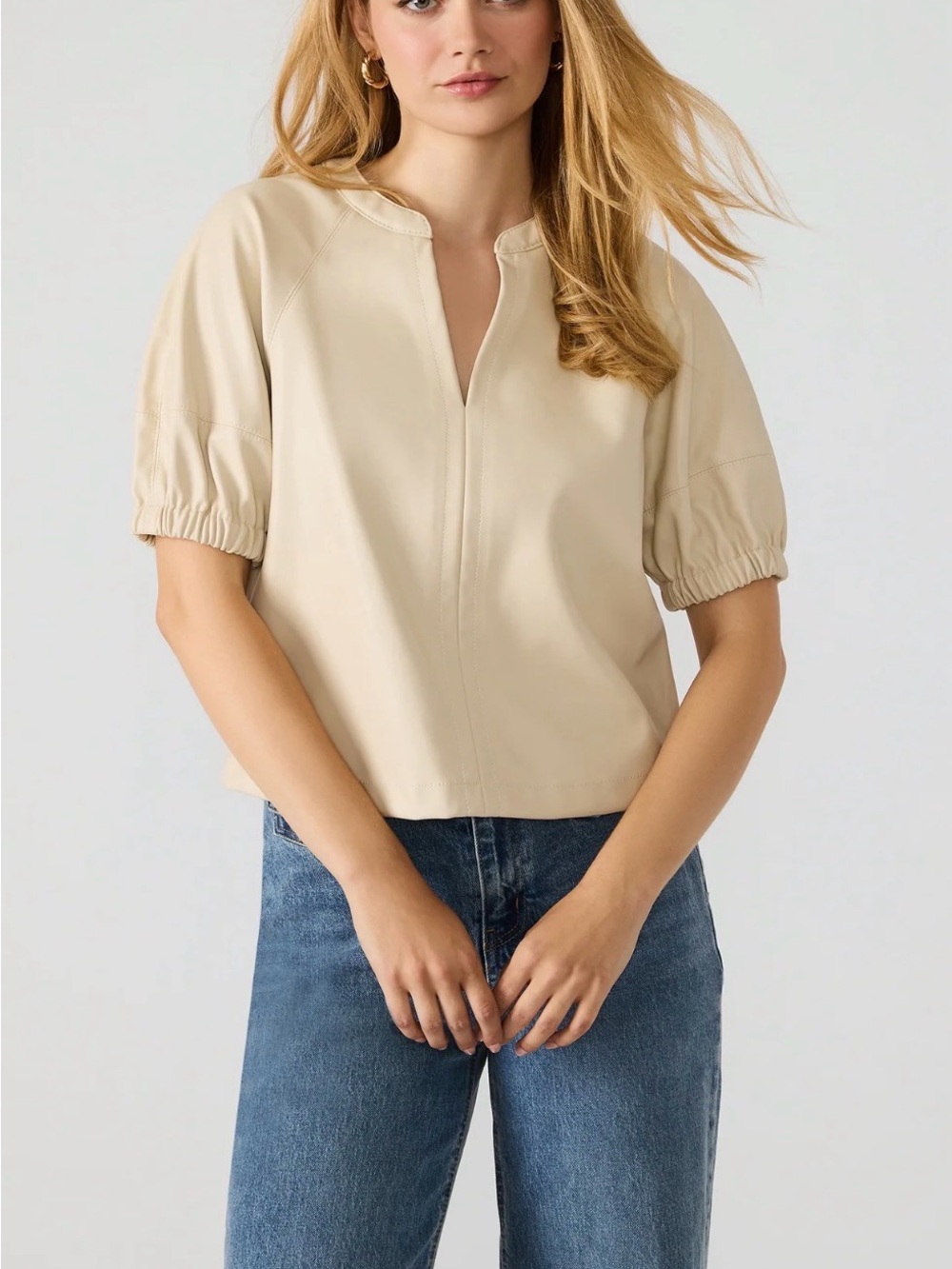Steve Madden Cream Split-Neck Puff Sleeve Top